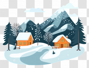 Snowy Mountains Background - Picturesque Snowy Winter Landscape With Cabins Transparent PNG