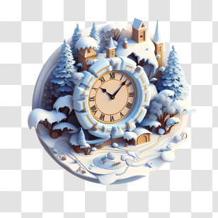 Winter Time - Snowy Winter Clock With Christmas Village Scene Transparent PNG