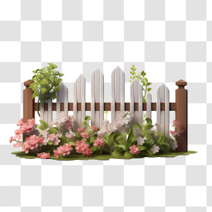 Wooden Garden Fence - White Picket Fence With Colorful Flowers Transparent PNG