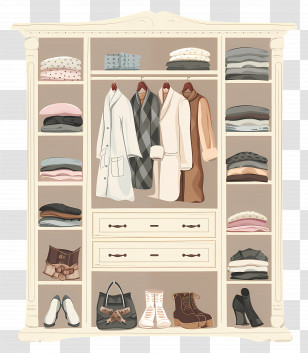 Organized Wardrobe Illustration - Elegant Wardrobe Illustration With Clothing And Shoes Transparent PNG