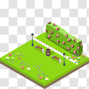 Cartoon - Green Park With Benches And Flowers Transparent PNG
