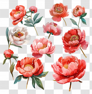 Peony Flower - Watercolor Peony Flowers In Red And Pink Shades Transparent PNG