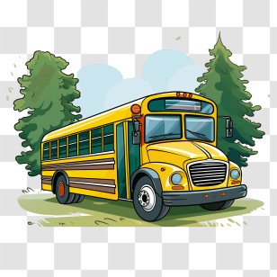 School Bus - Yellow School Bus Cartoon In Natural Setting Transparent PNG