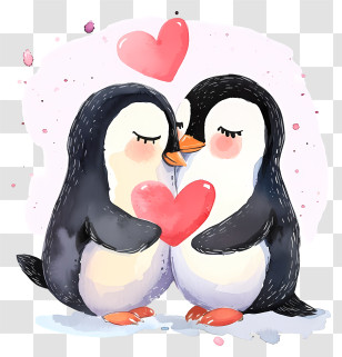 Watercolor Valentine Penguin - Cute Penguins In Love Holding Heart Transparent PNG