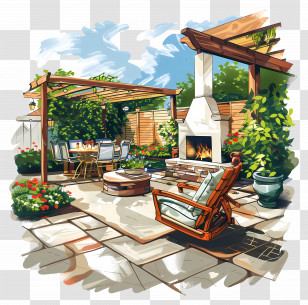 House Backyard Patio - Beautiful Patio With Fireplace And Pergola Transparent PNG