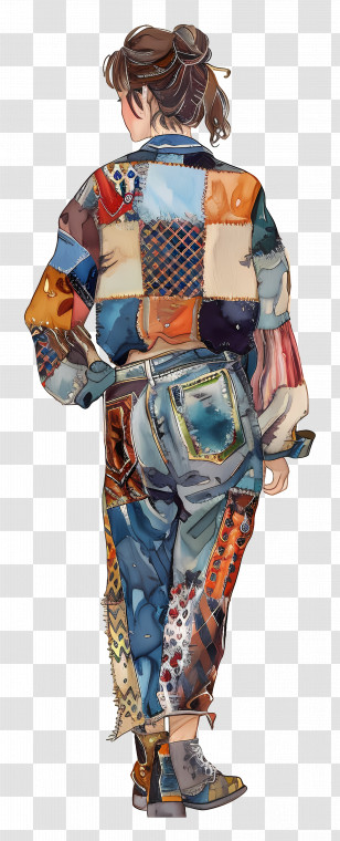 Fashion Woman - Trendy Patchwork Outfit Transparent PNG