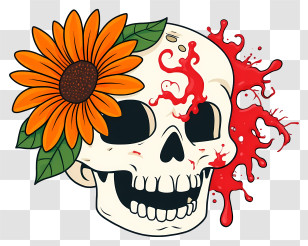 Halloween Skull Flowers - Skull With Sunflower And Blood Transparent PNG