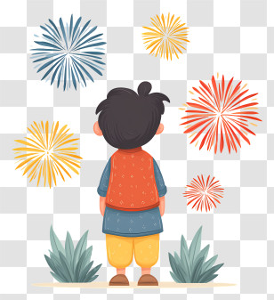 Indian Kid Watching Fireworks - Child Watching Colorful Fireworks Transparent PNG