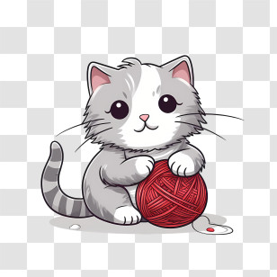 Cat Playing Yarn Ball - Cute Gray Kitten Playing With Red Yarn Ball Transparent PNG