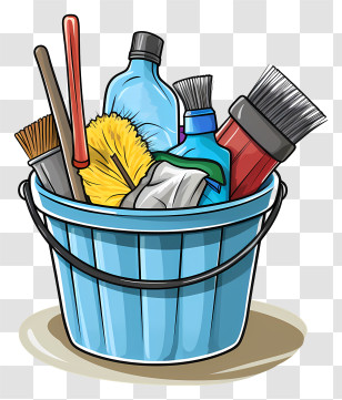 Blue Plastic Bucket - Illustration Of Cleaning Supplies In A Bucket Transparent PNG