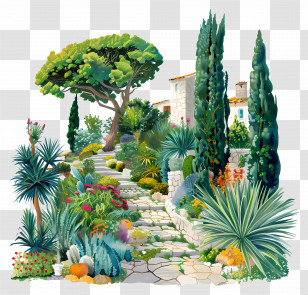 Mediterranean - Beautiful Stone Pathway In A Vibrant Garden Transparent PNG