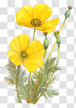 Primrose Flower - Illustration Of Yellow Poppy Flowers With Green Leaves Transparent PNG