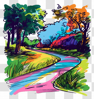 Park Path - Abstract Illustration Of A Forest Pathway With Vibrant Trees Transparent PNG
