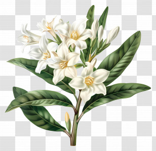 Tuberose Flower - Elegant White Jasmine Flowers And Green Foliage Transparent PNG