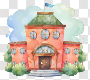 Pink Building - Watercolor School Building With Green Trees Transparent PNG