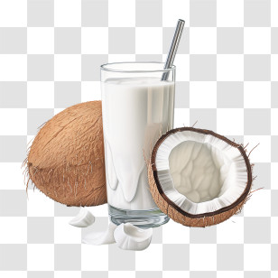 World Plant Milk Day - Fresh Coconut Milk With Whole And Halved Coconuts Transparent PNG