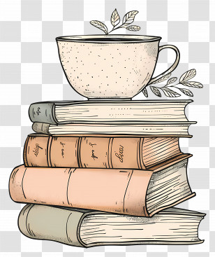 Books Drawing - Stacked Books And Teacup In Vintage Art Style Transparent PNG