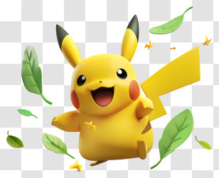 Pokemon - Happy Pikachu Interacting With Leaves Transparent PNG