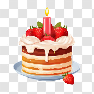 Birthday Cake - Fruit-Topped Creamy Birthday Cake With Single Candle Transparent PNG