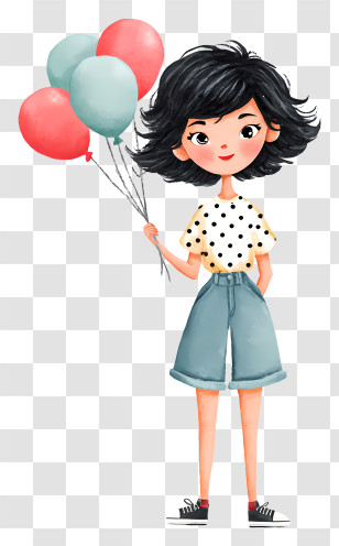 Cartoon Girl Holding Balloons - Girl Holding Colorful Balloons Transparent PNG