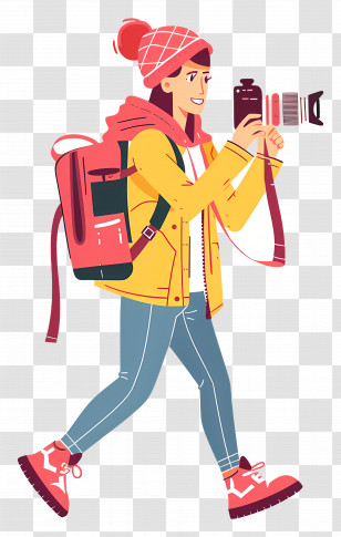 Woman Filming Vlog - Traveler With Camera And Red Backpack Transparent PNG