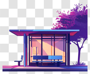 Bus Stop - Colorful Bus Stop With Bench And Tree Transparent PNG