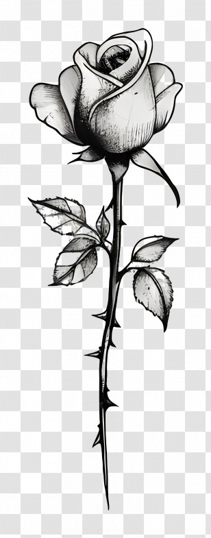 Rose Tattoo - Black Rose Sketch With Detailed Thorns Transparent PNG