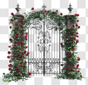 Spring Garden Gate Flowers - Ornate Garden Gate Covered With Blooming Roses Transparent PNG