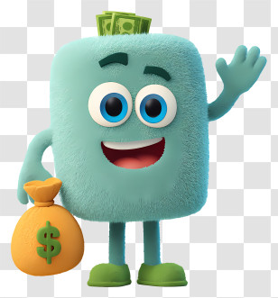 Mascot With Money Bag - Blue Cartoon Character With Money Bag Transparent PNG