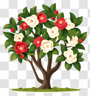 Flower Tree - Beautiful Camellia Tree With Red And White Flowers Transparent PNG