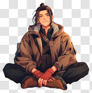 Young Man Sitting Cross Legged - Anime Boy In Hooded Jacket Sitting Transparent PNG