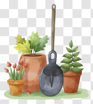 Cartoon - Potted Plants With Gardening Tools Transparent PNG