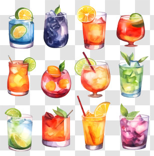 Watercolor Paintings - Variety Of Colorful Cocktails Transparent PNG