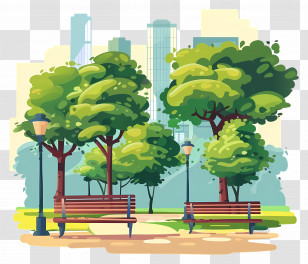 City Park Scene - Urban Park Scene With Benches And Trees Transparent PNG