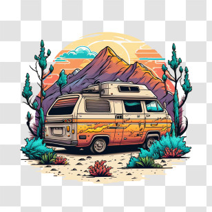 Colors Of The 90s Camp Car
 - Camping Van Illustration Amid Mountains And Nature Transparent PNG