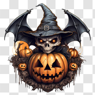 Halloween Bat 
 - Spooky Skull With Witch Hat And Halloween Pumpkins Transparent PNG