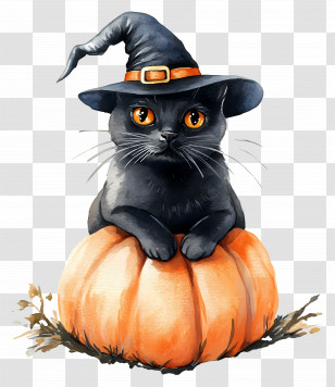 Halloween Black Cat - Playful Black Cat In A Halloween Witch Hat Transparent PNG