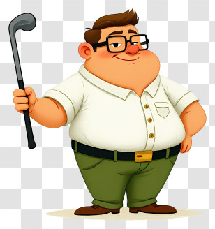 Chubby Man - Confident Cartoon Man With Golf Club Transparent PNG
