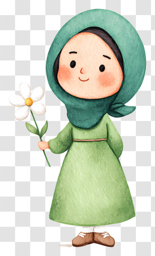 Muslim Woman Holding Flower - Cute Girl In Green Hijab Holding Flower Transparent PNG