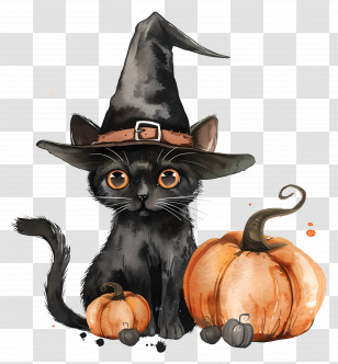 Cute Halloween Cat - Black Cat With Witch Hat And Pumpkins Transparent PNG