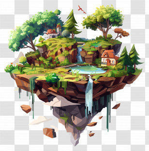 Floating Land - Floating Island With Lush Greenery And Waterfalls Transparent PNG