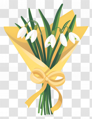 Snowdrops Bouquet - Delicate Bouquet Of Snowdrops With Yellow Ribbon Transparent PNG
