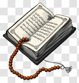 Hand Drawn Holy Book Of Koran And Pray Beads - Open Holy Book With Beads For Prayer Transparent PNG