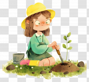 Little Girl Planting Flowers - Girl Planting A Seedling In The Garden Transparent PNG