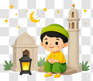Cartoon Muslim Boy - Cute Ramadan Boy At Mosque Transparent PNG