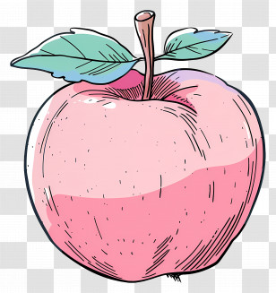 Doodle Apple - Pink Apple Illustration With Green Leaves Transparent PNG