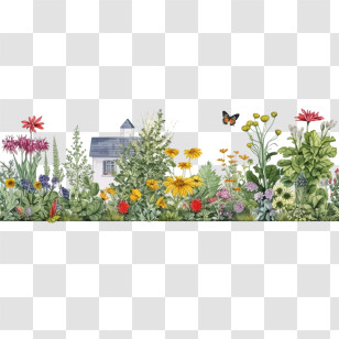 Summer Border
 - Charming Garden And Small House Illustration Transparent PNG