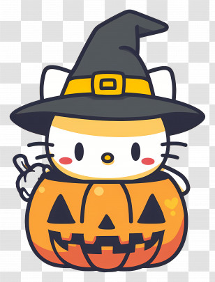 Hello Kitty Halloween - Cute Cartoon Cat In Witch Hat With Pumpkin For Halloween Transparent PNG
