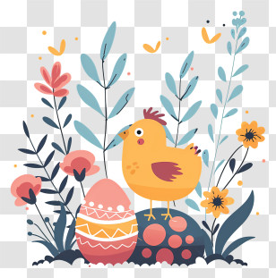 Easter Eggs - Easter Chicken With Egg And Flowers Transparent PNG