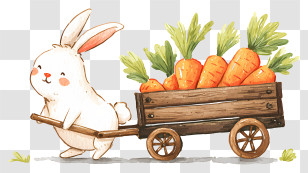 Rabbit Pulling Wooden Cart - Bunny Pulling Wagon Of Carrots Transparent PNG